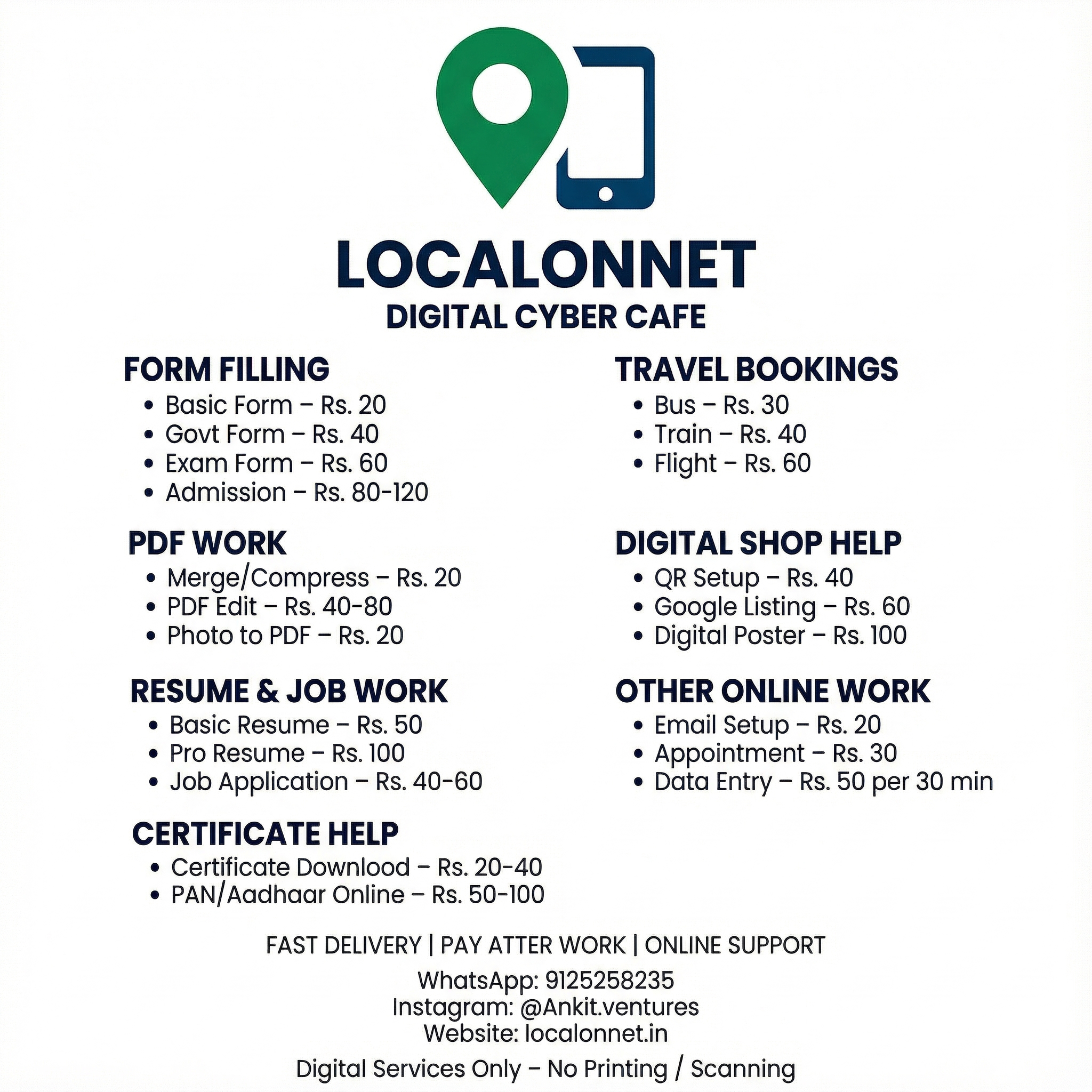 LocalOnNet Digital Cyber Cafe - Pricing and Charges